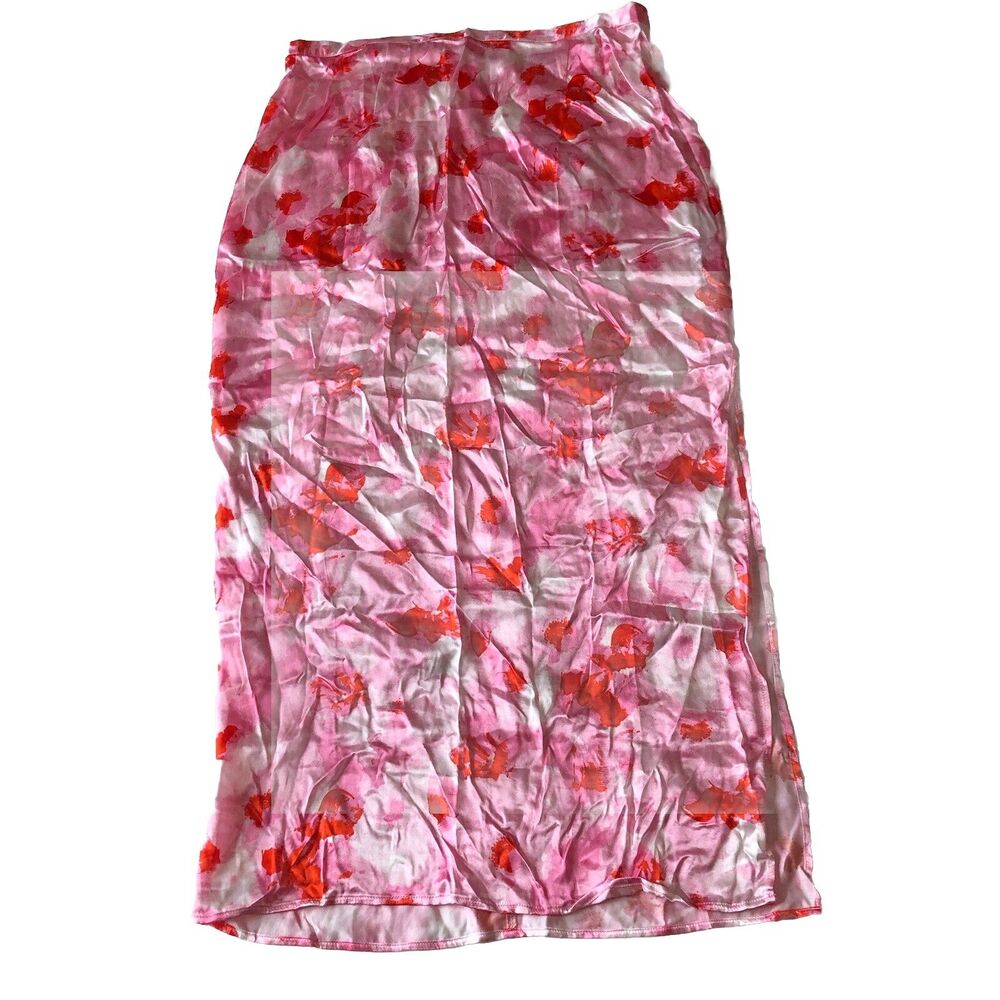 Topshop Women’s  side split Floral Pink satin midi skirt Size 12 NWT